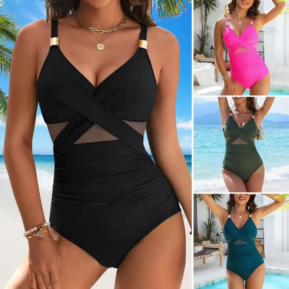 Deep V-Neck Mesh Splice One-Piece Swimsuit – Tummy Control & Full Coverage Swimwear