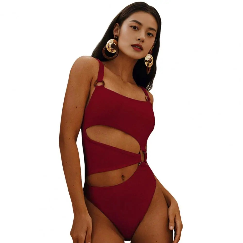 Front view of elegant square neck one-piece swimsuit with hollow design