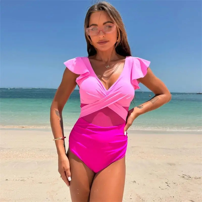 Pink Front view of women's one-piece swimsuit