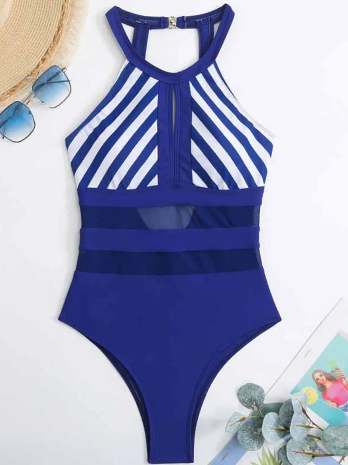 Striped Mesh Backless One-Piece Swimsuit – Sleek & Breathable Swimwear