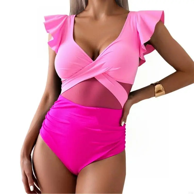 Close-up of V neckline and push-up padding on bathing suit