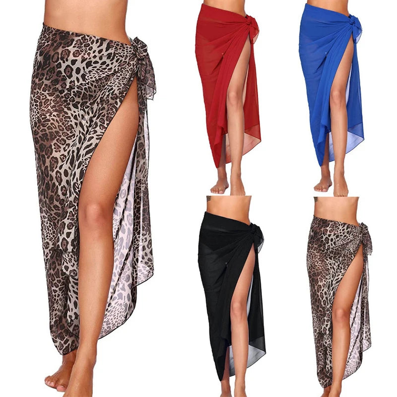 Model wearing Women's Chiffon Sunset Long Sarong Cover-Up on a tropical beach