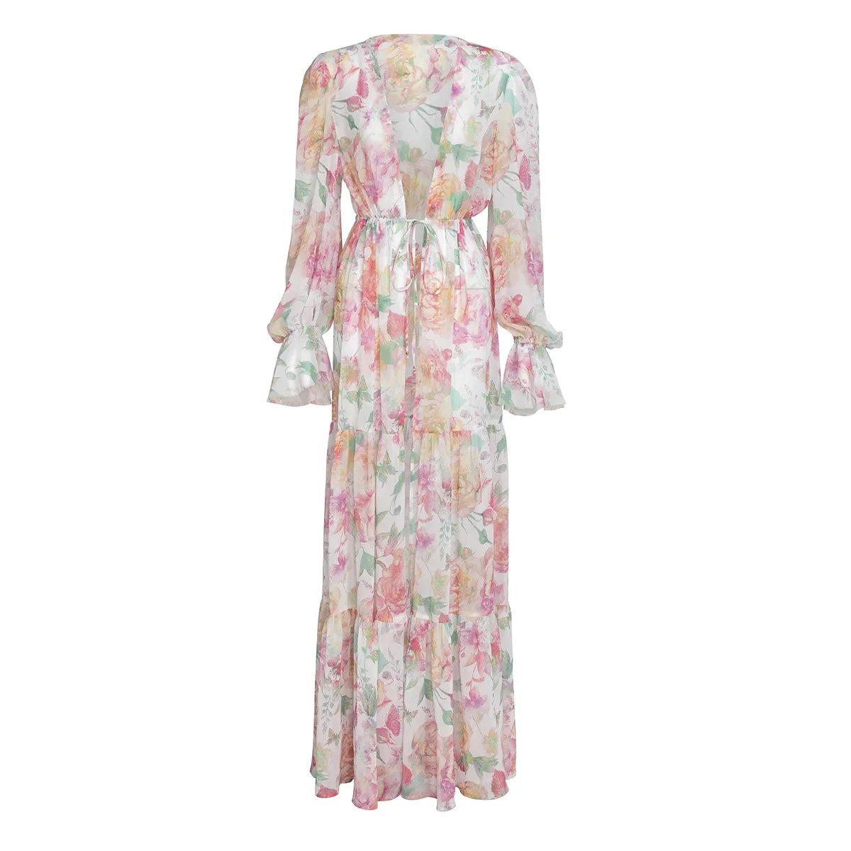 Sexy beachwear bikini and sheer floral cover-up dress