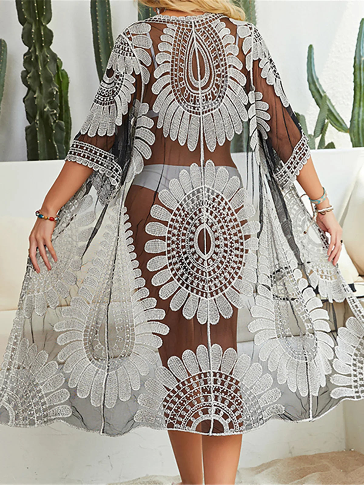 Bikini Lov embroidered half sleeve sheer beach cardigan cover-up back view