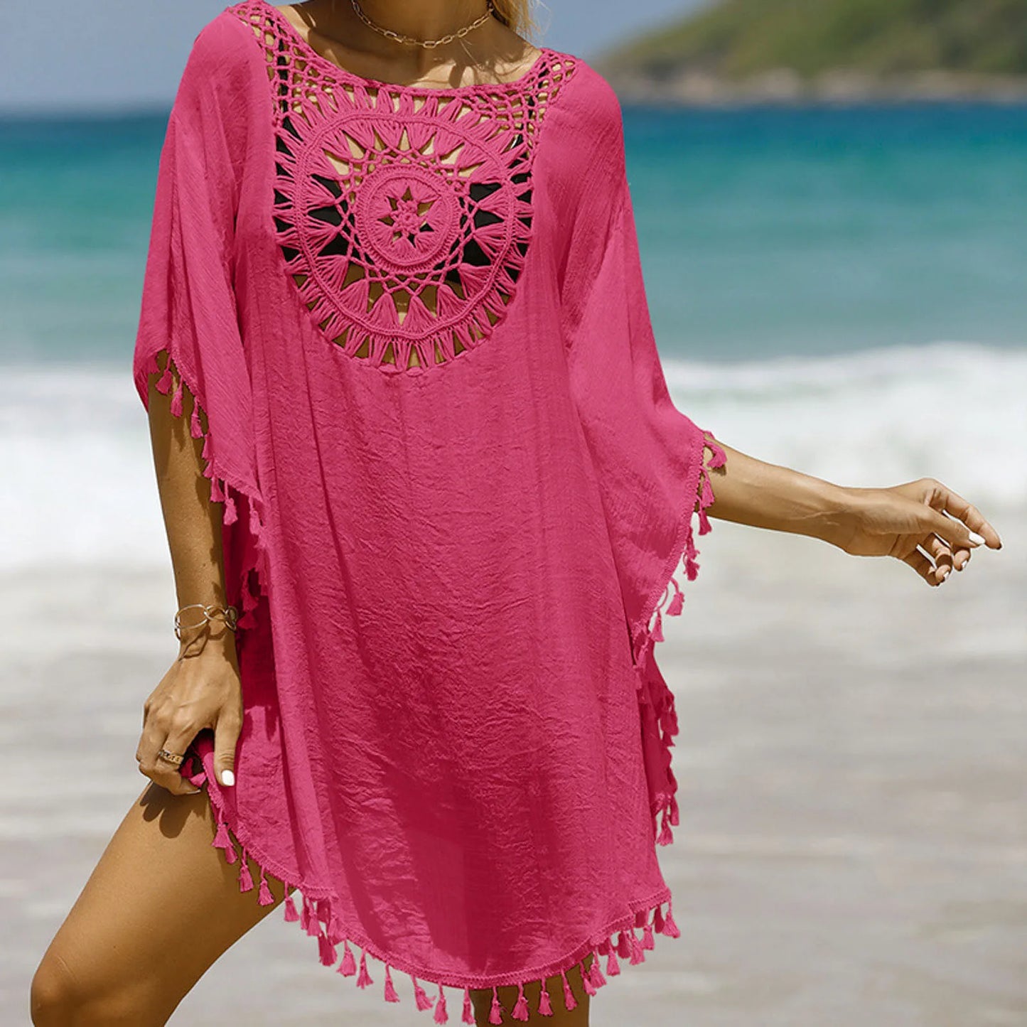 Bikini Lov knitted sunflower fringe beach cover-up pink color