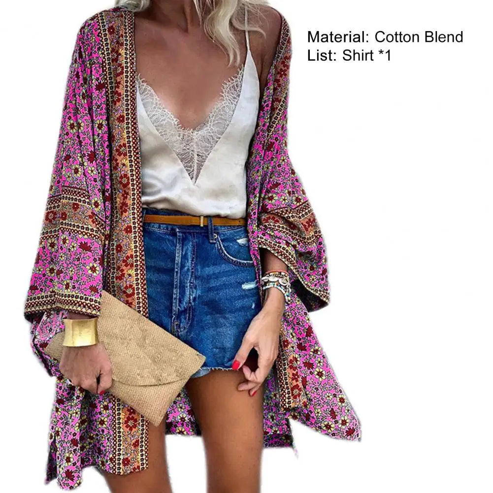 Close-up of long-sleeve detail in Women's Bohemian Floral Cardigan Cover-Up