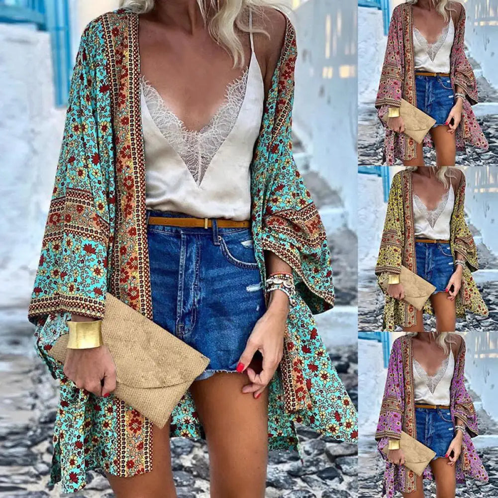 Lifestyle shot of Women's Bohemian Floral Cardigan Cover-Up at a tropical resort