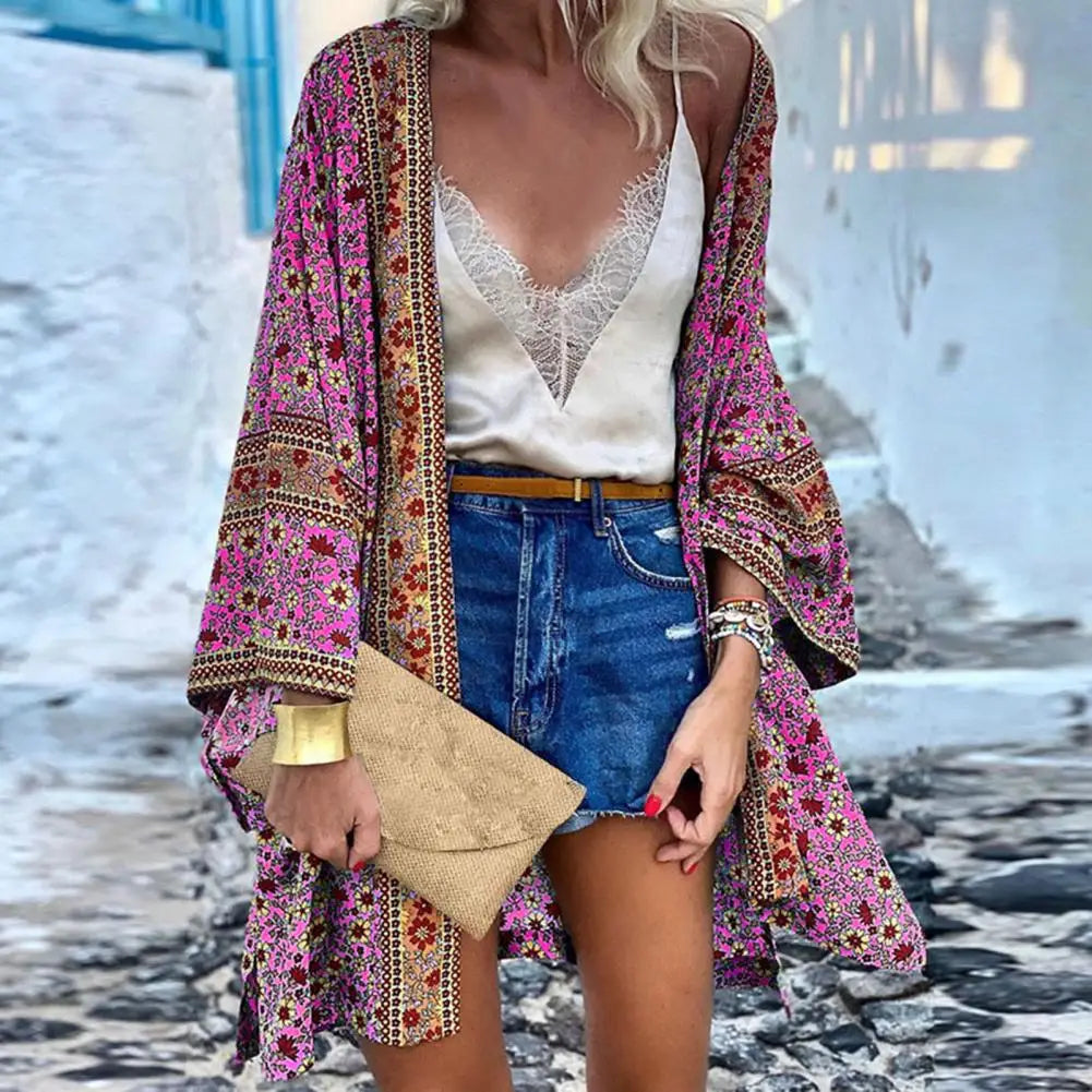 Women's Bohemian Floral Cardigan Cover-Up styled with accessories at a resort