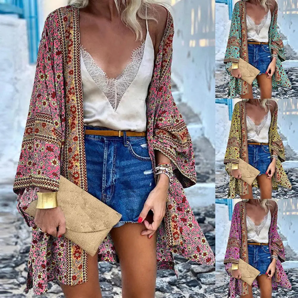 Women's Bohemian Floral Cardigan Cover-Up worn during a sunset beach photoshoot