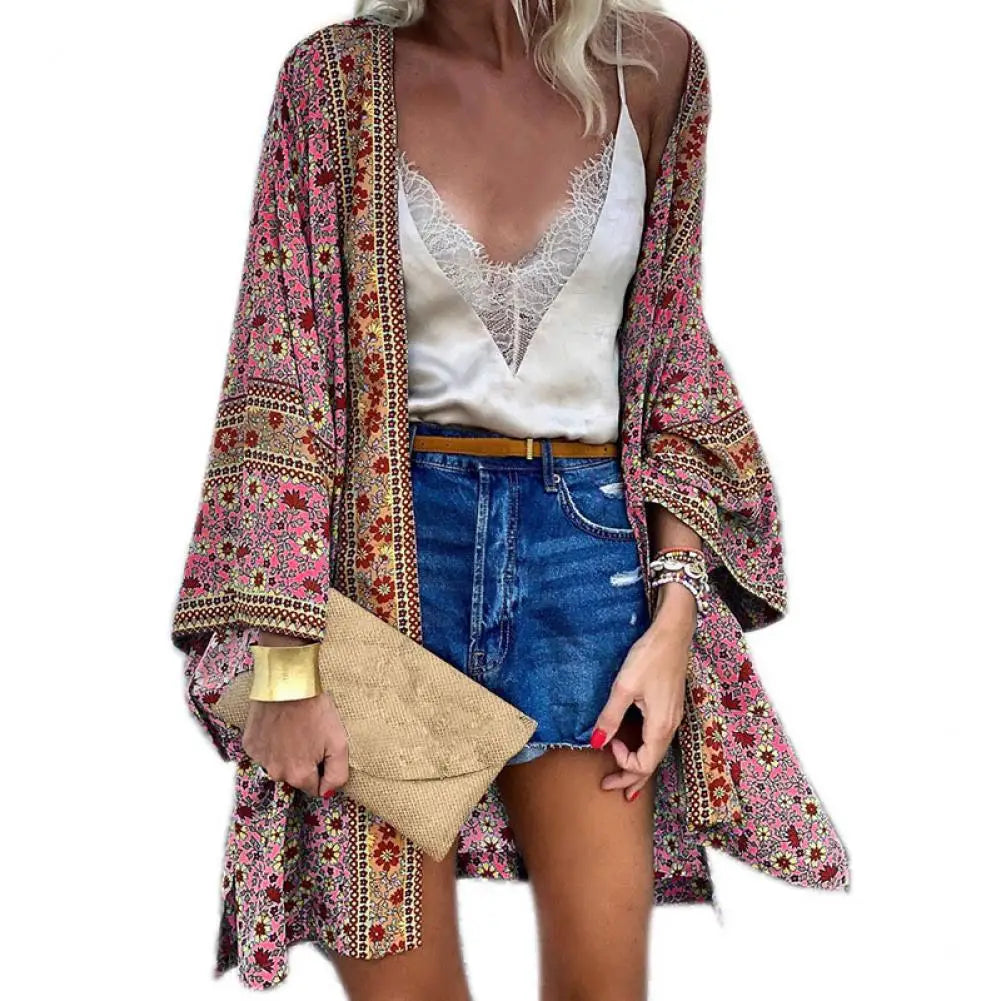 Bohemian Floral Cardigan Cover-Up styled over a bikini for beach elegance