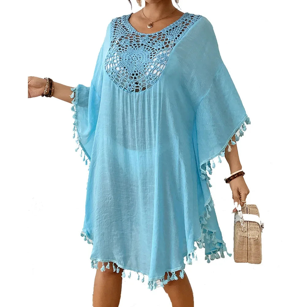 Chic crochet chiffon beach cover-up bikini dress blue style