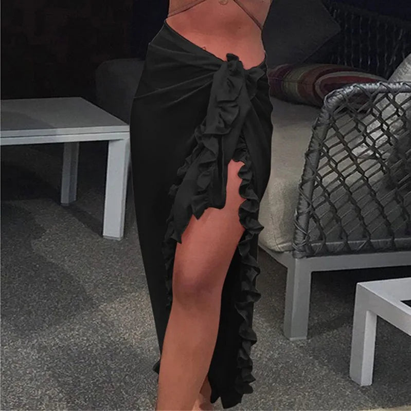 Chic ruffle sarong wrap skirt beach cover-up black