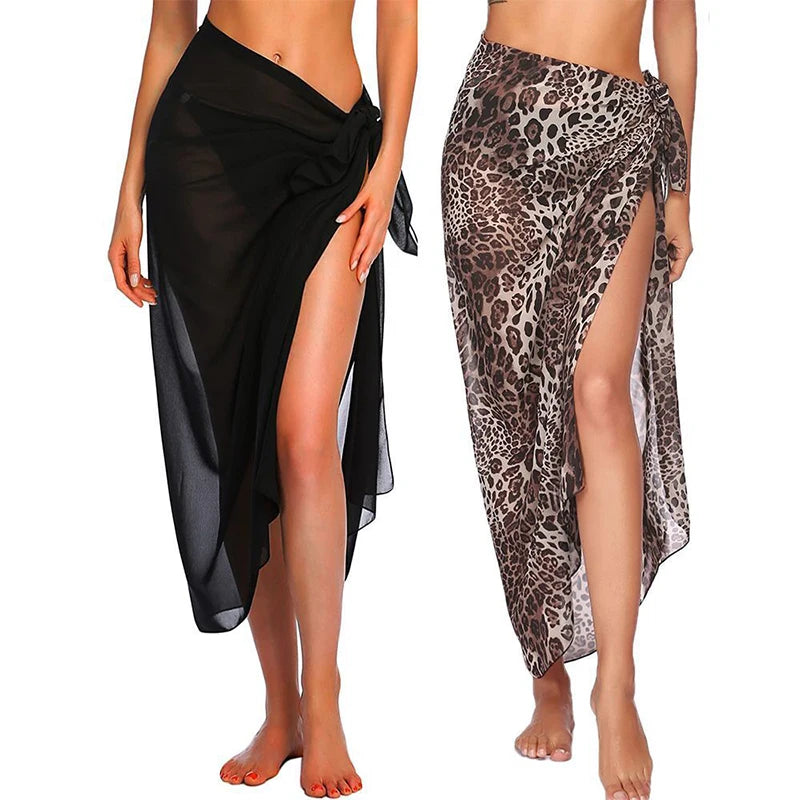 Model wearing Women's Chiffon Sunset Long Sarong Cover-Up on a tropical beach