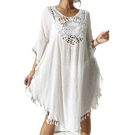 Crochet chiffon beach cover-up swimsuit bikini dress white color