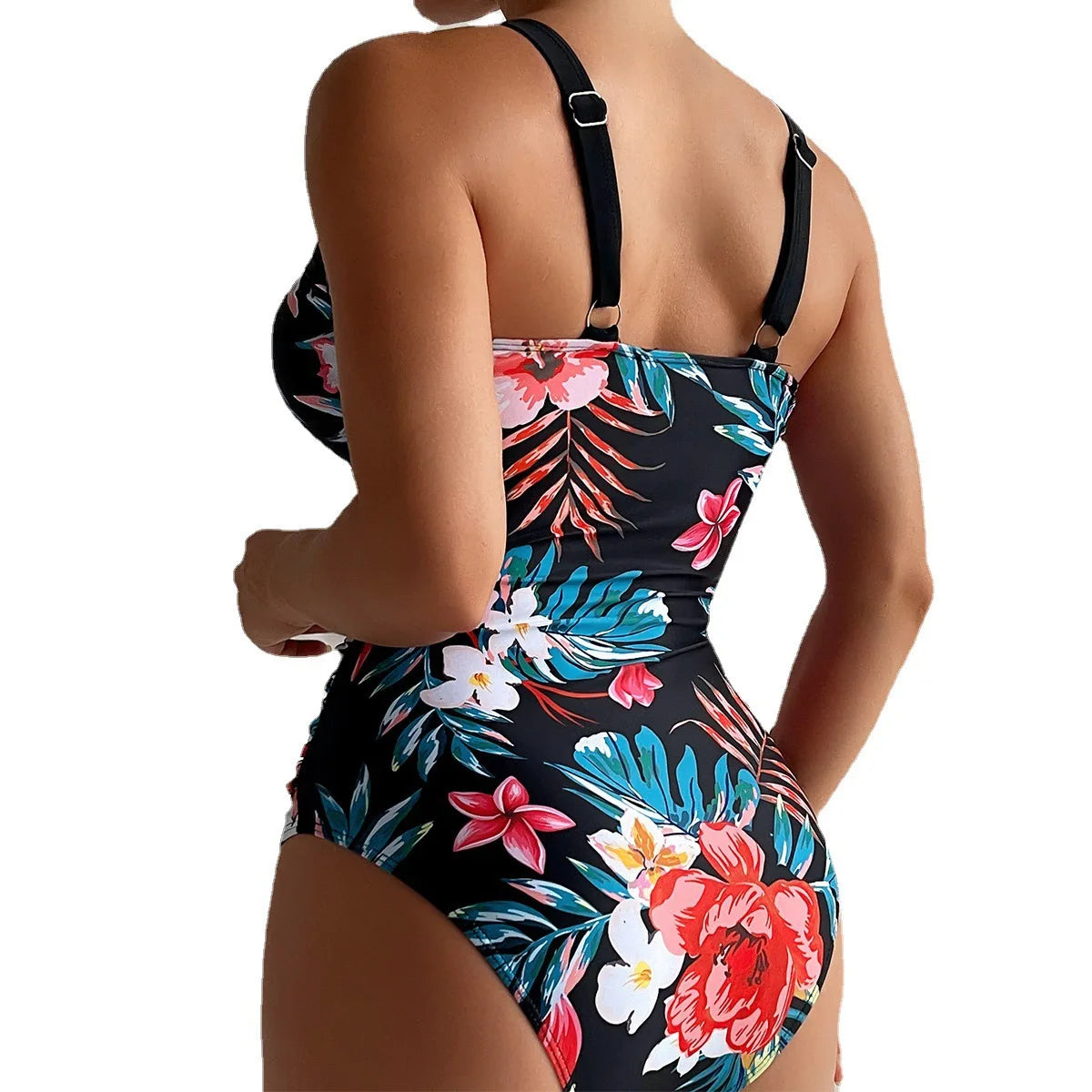 Flat lay of floral one-piece swimsuit in plus size