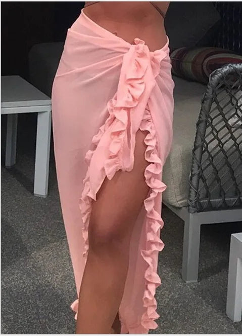 Elegant women’s ruffle sarong beachwear cover-up pink style