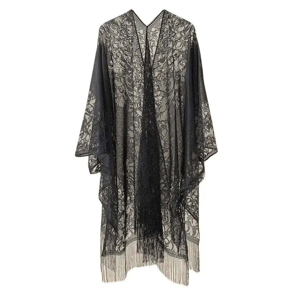 Women's Floral Lace Kimono Cover-Up styled for a vibrant beachside stroll
