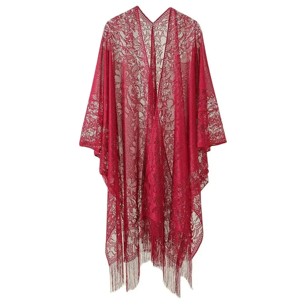 Close-up of tassel hem in Women's Floral Lace Kimono Cover-Up