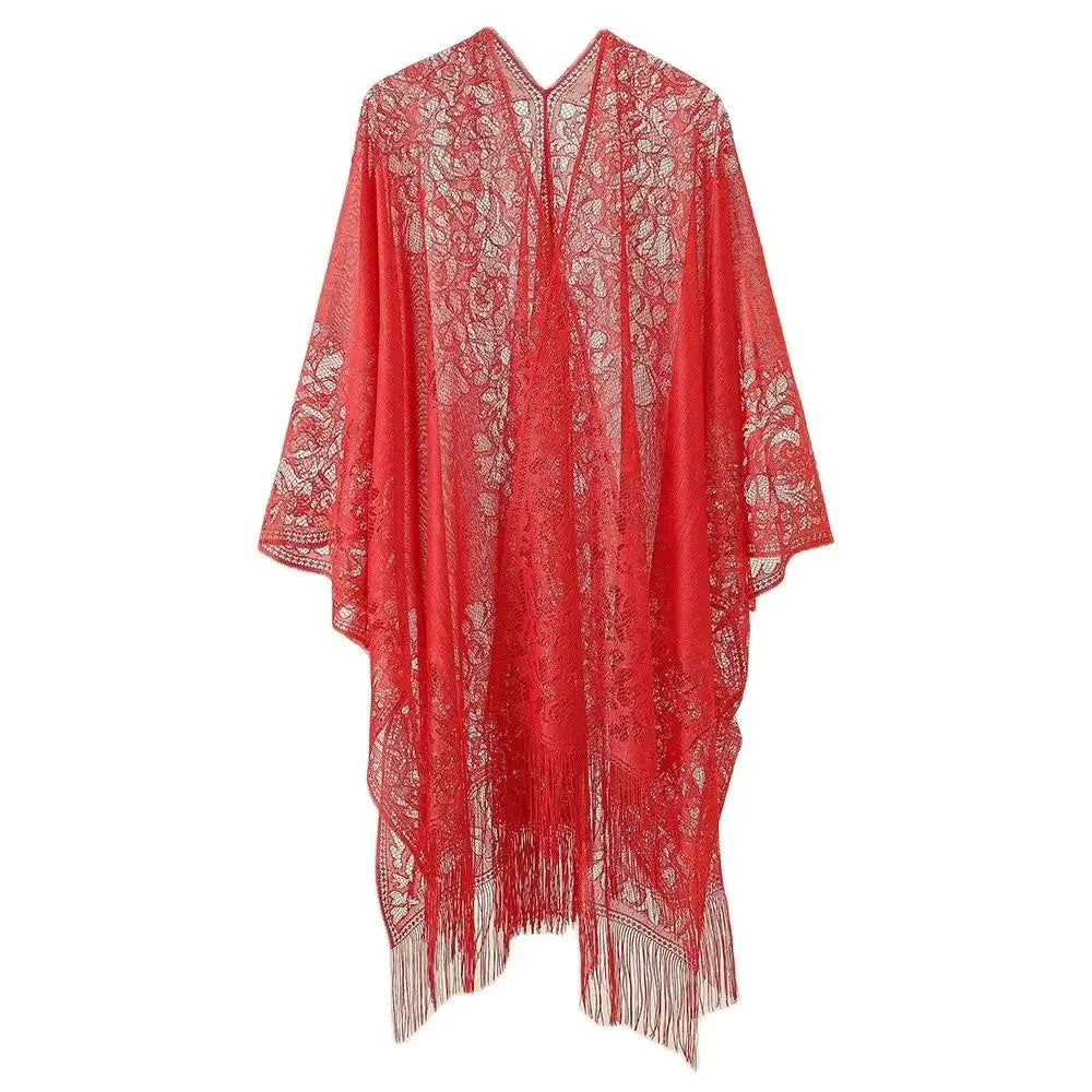 Women's Floral Lace Kimono Cover-Up styled with accessories for a resort