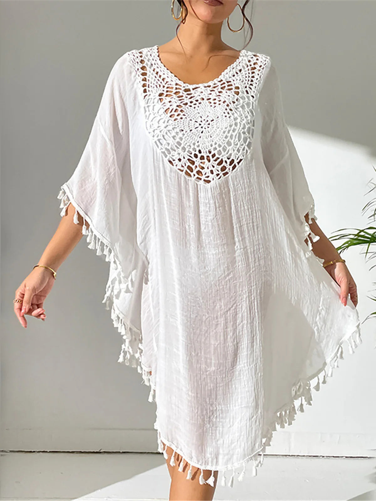 Fringe tassel embroidery tunic cover-up long beach dress
