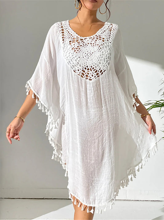 Fringe tassel embroidery tunic cover-up long beach dress