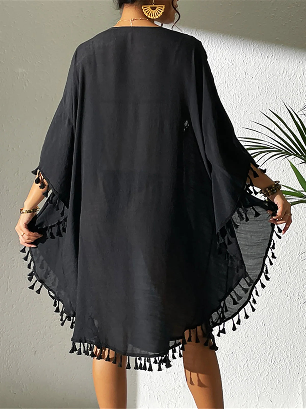 Long sleeve fringe tassel beach cover-up dress the back and black style
