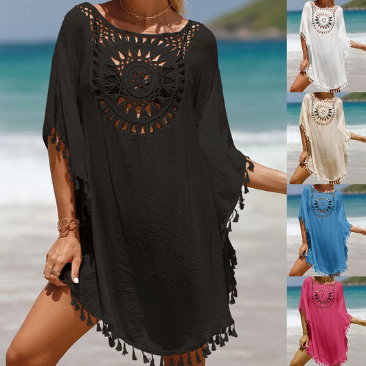 Knitted sunflower fringe tunic beach cover-up dress