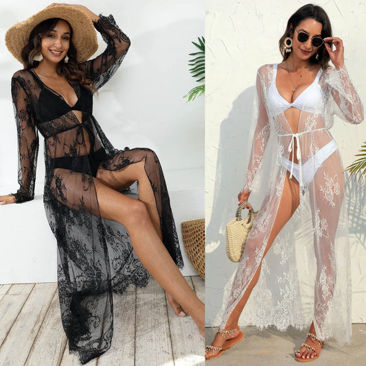 White and Black lace cardigan beach cover-up with V-neck for women