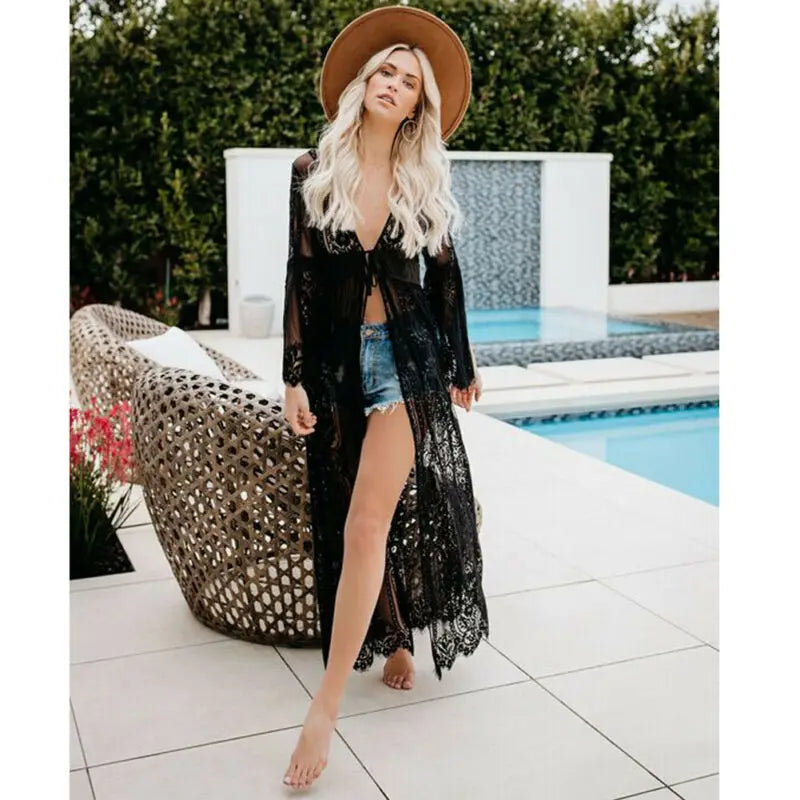 Long sleeve lace crochet summer beach cover-up