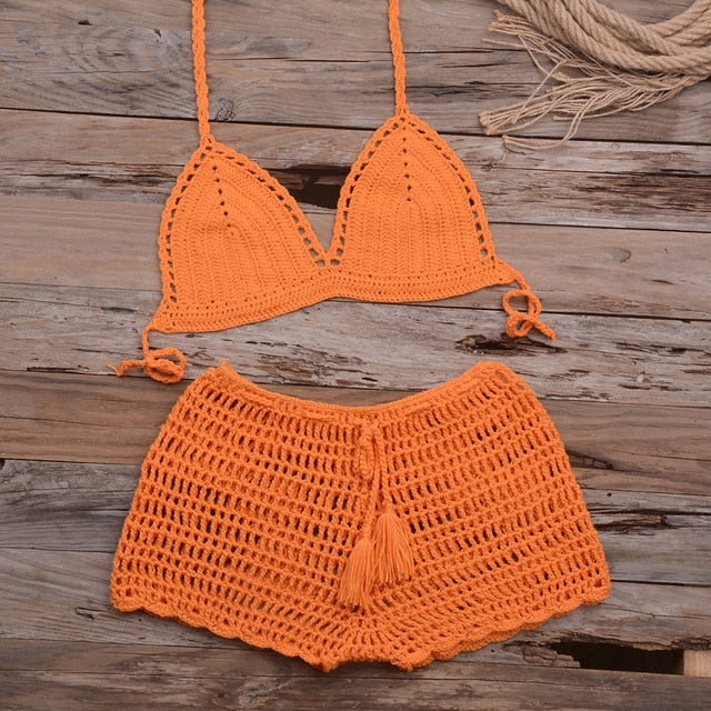 Sexy Crochet Bikini Two Pieces Set Halter Bra Tie Top Knitted Shorts Biquini Summer Beach Swimwear Hollow Swimsuit Bathing Suit-6