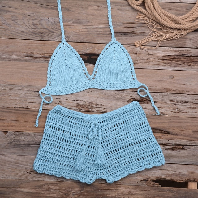 Sexy Crochet Bikini Two Pieces Set Halter Bra Tie Top Knitted Shorts Biquini Summer Beach Swimwear Hollow Swimsuit Bathing Suit-35