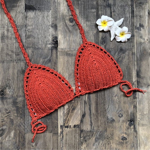 Sexy Crochet Bikini Two Pieces Set Halter Bra Tie Top Knitted Shorts Biquini Summer Beach Swimwear Hollow Swimsuit Bathing Suit-5