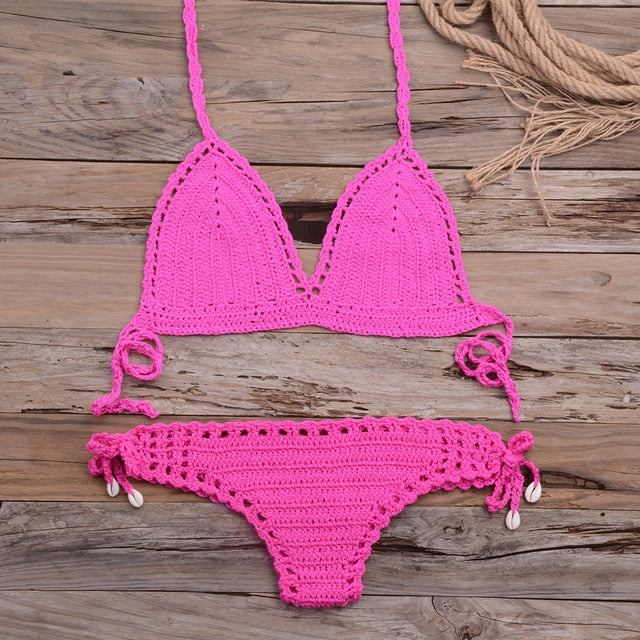 Sexy Crochet Bikini Two Pieces Set Halter Bra Tie Top Knitted Shorts Biquini Summer Beach Swimwear Hollow Swimsuit Bathing Suit-19