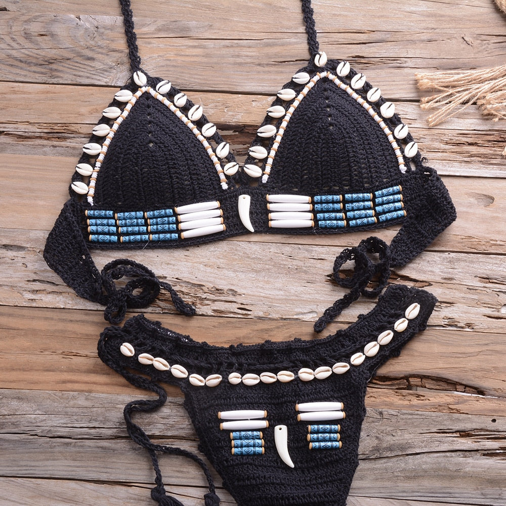 Sexy Bikini Crochet shell Set Halter Lace Up Bra Top Thong Swimsuit Beach Lady Knitted Biquini Swimming Bohemian Bathing Suit-28
