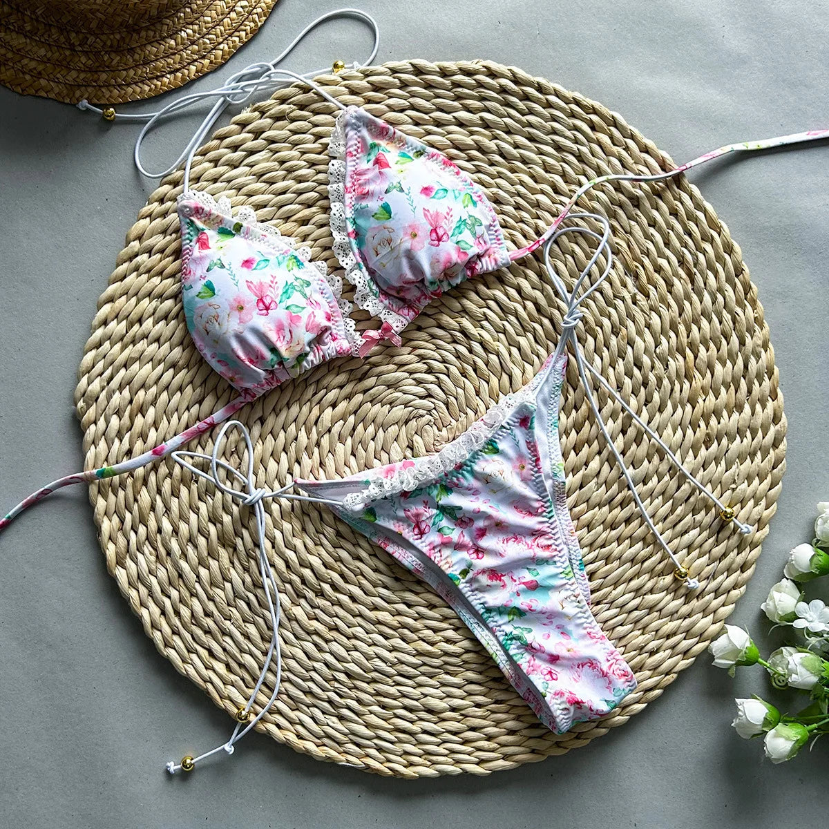 Sexy beach bikini with matching sheer floral dress combo