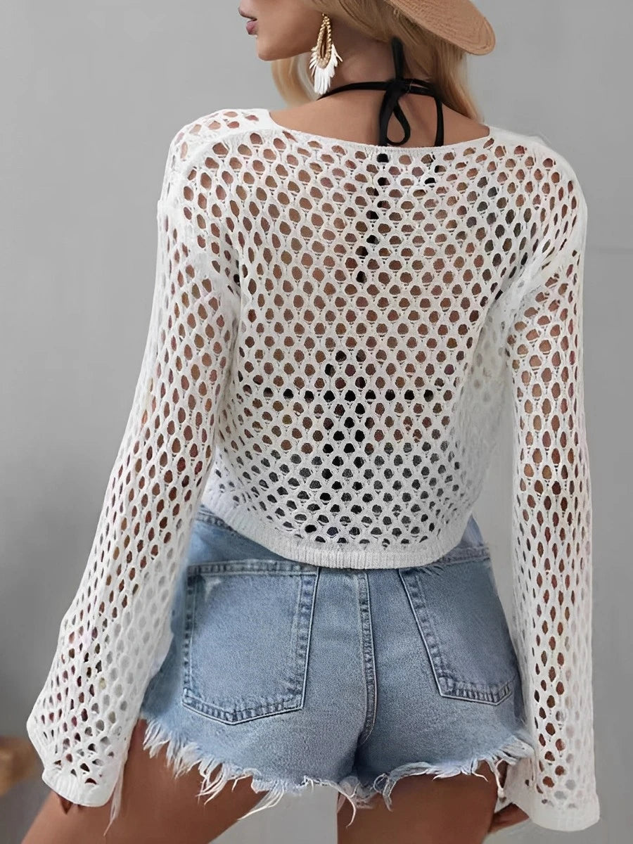 Sheer crochet long sleeve beach shirt for women back