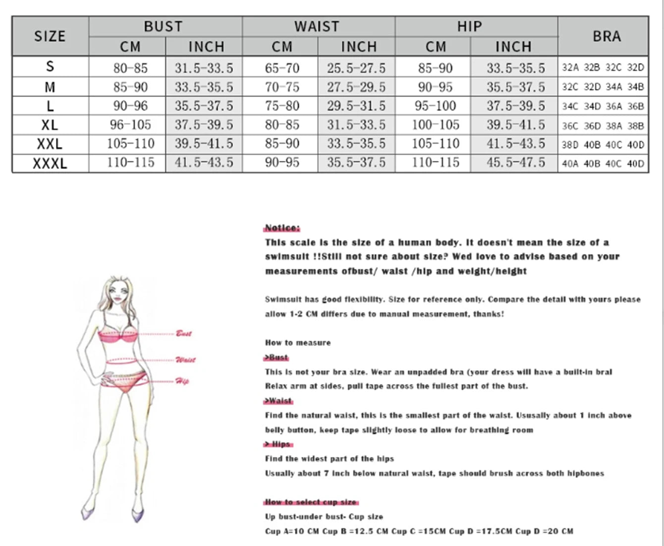 the size chart shows cut-out monokini swimsuit with sleeveless design