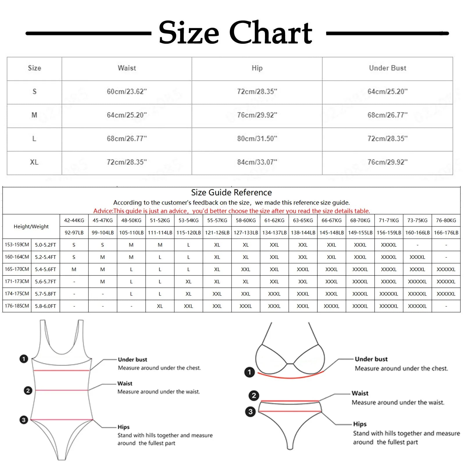 the size chart shows the racerback swimsuit with backless design and tank-style top