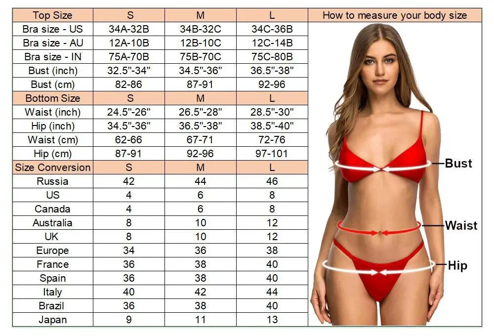 the size chart shows the ront view of 3-piece halter bikini set with high-leg bottoms and sarong