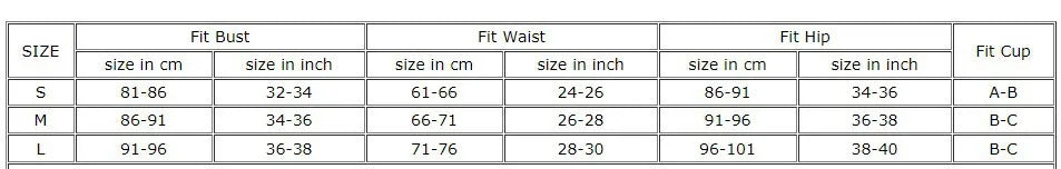 size chart shows for the New trendy beach bikini set with stylish floral print