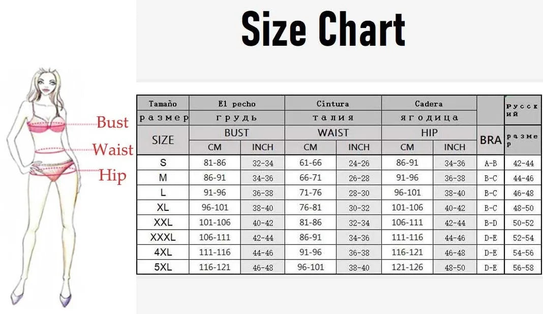 the size chart for the Model walking on the beach in Women's Brazilian Breeze Three-Piece Bikini Set