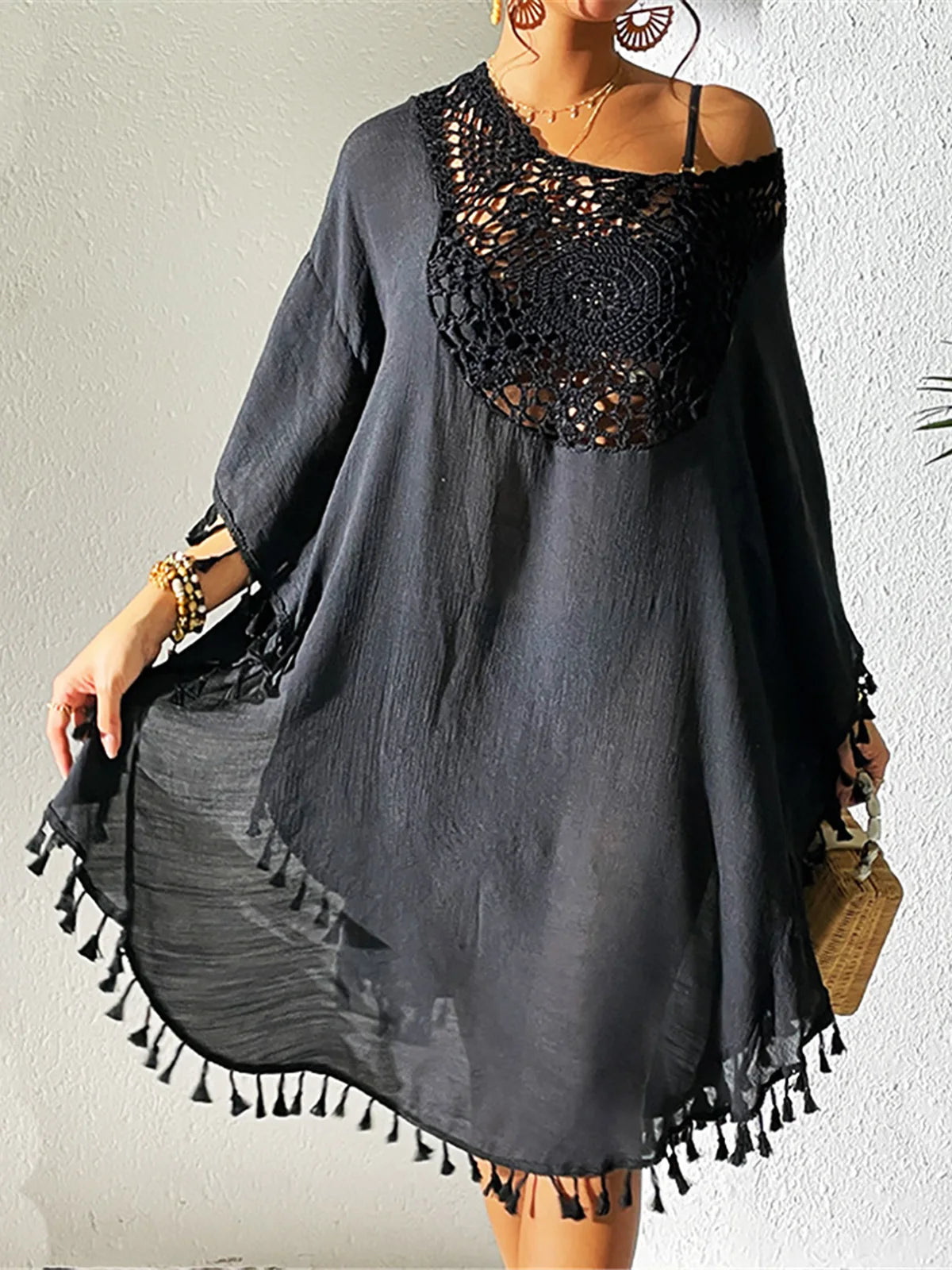 Stylish embroidered fringe tassel long beach cover-up
 black style