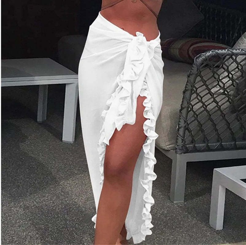 Stylish women’s ruffle sarong wrap cover-up skirt white