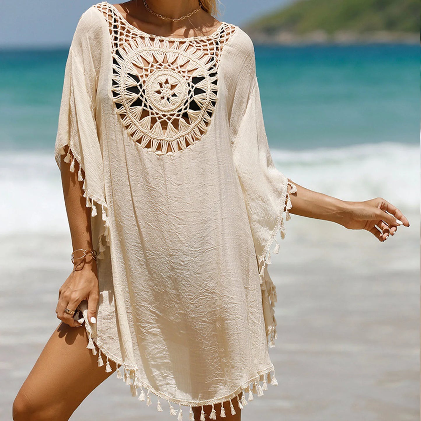 Stylish sunflower knitted beach dress with fringe hem
