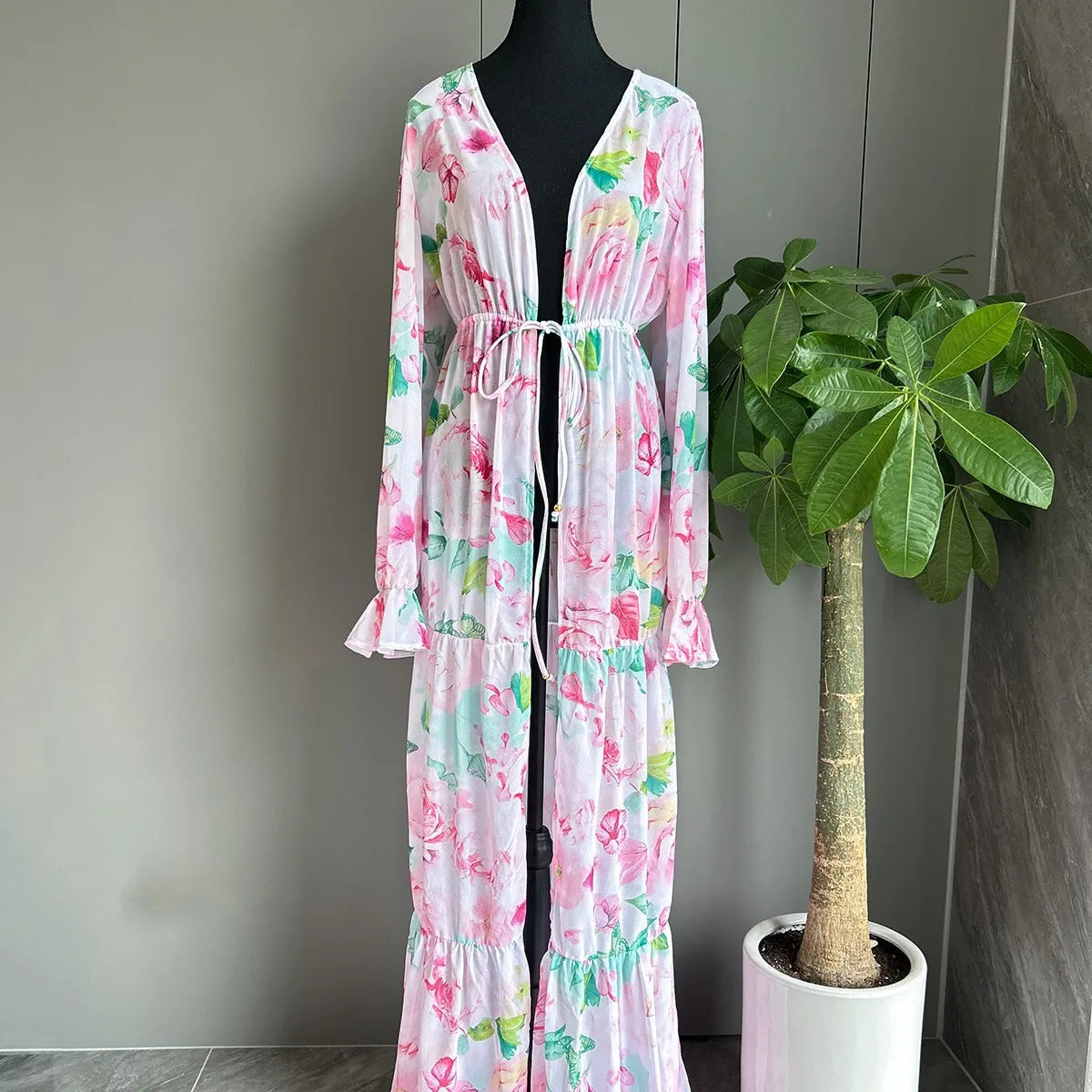 Three-piece floral bikini set with cover-up dress