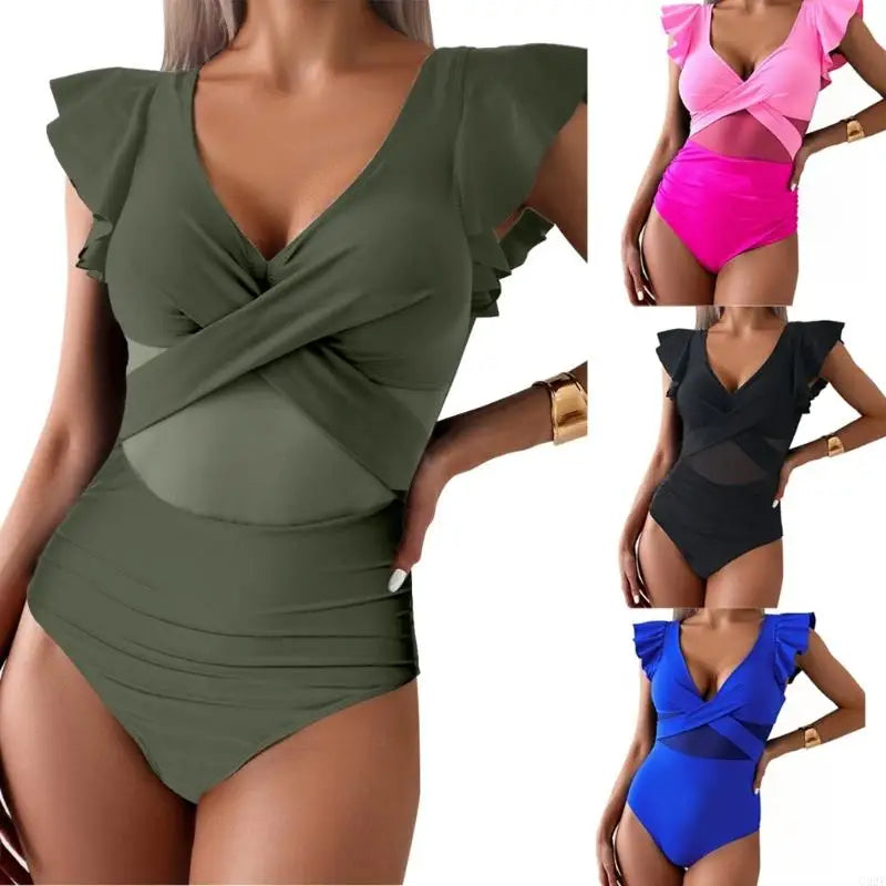 Model wearing V-neck ruffle swimwear