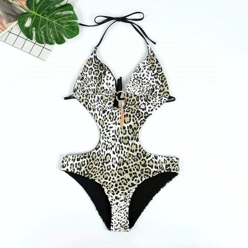 Back view of hollow mesh swimsuit for women with full coverage