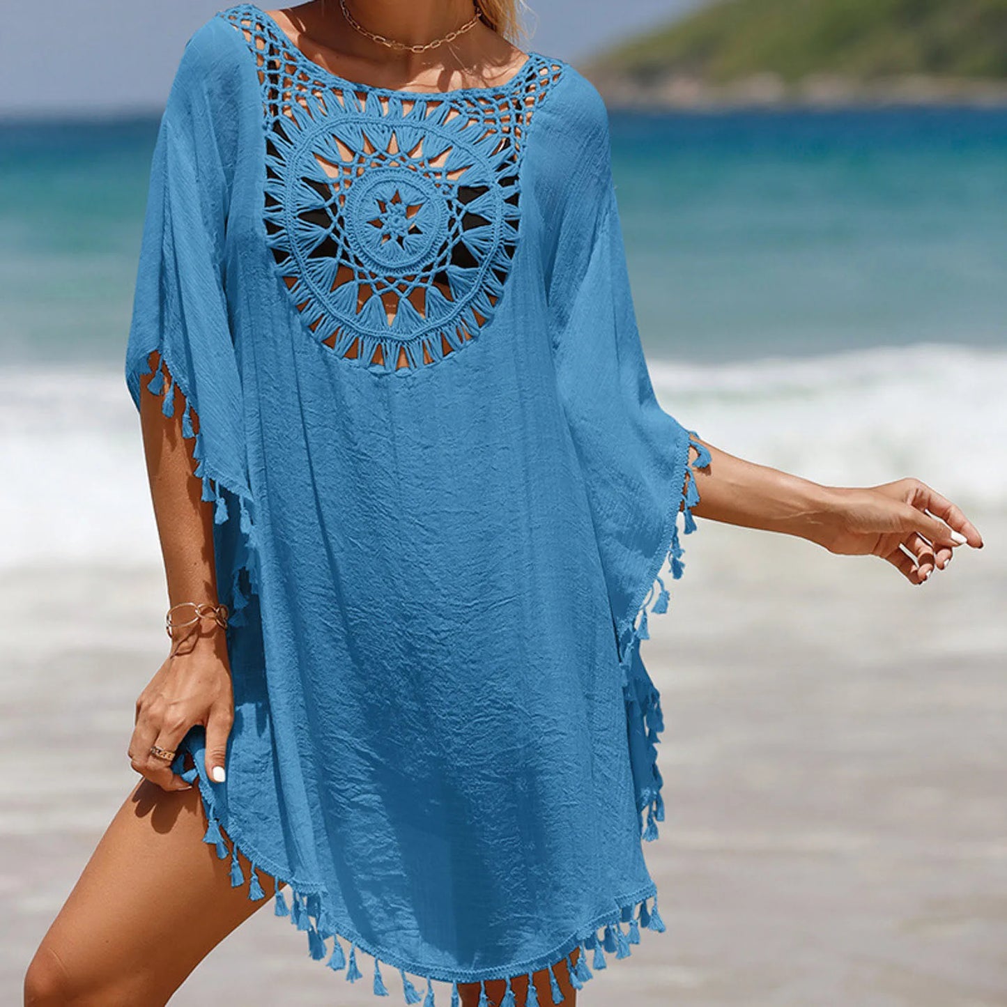 Chic knitted sunflower fringe tunic beach cover-up dress blue style