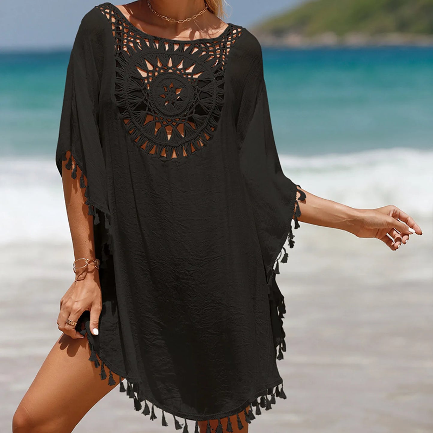 Women’s knitted sunflower design beachwear cover-up black