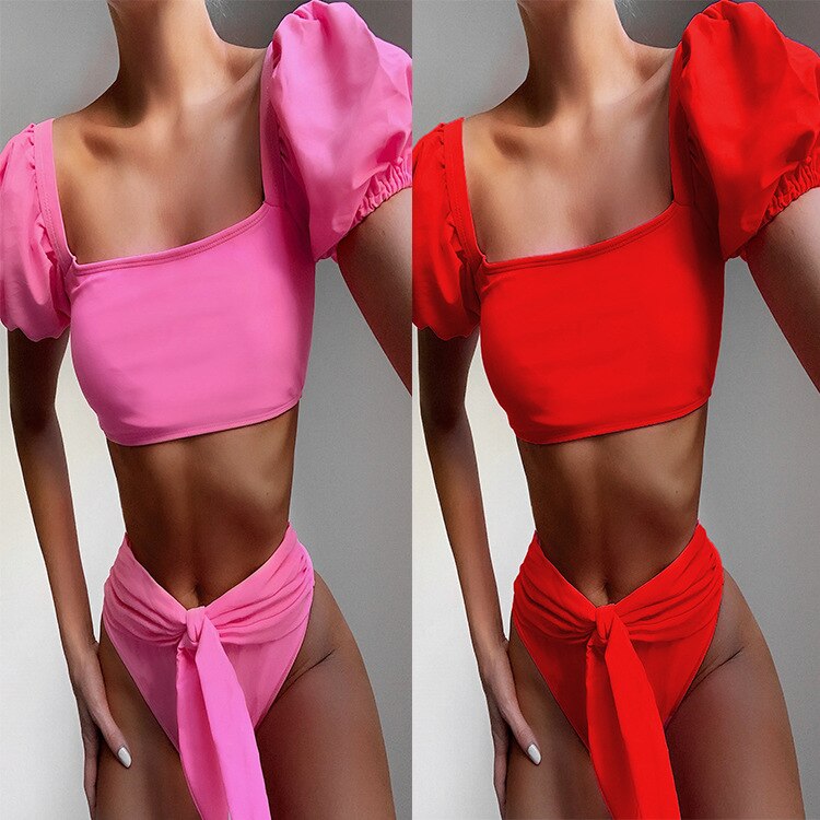 Red Pink two piece high waist bikini set Women bow tie swimwear bathing suit Puff sleeve swimsuit female Sexy beach biquini